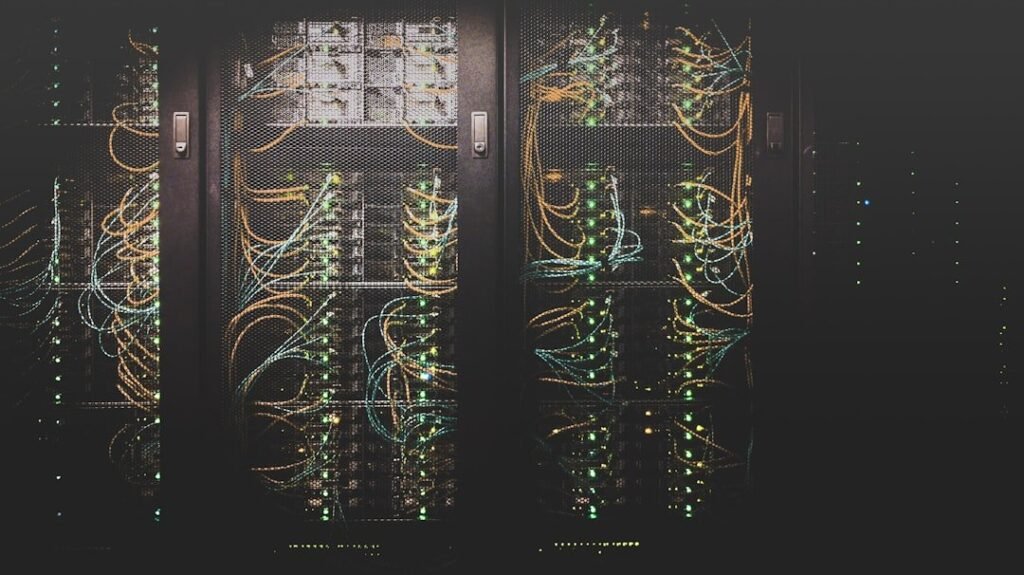 Network cabling and server racks inside a data centre