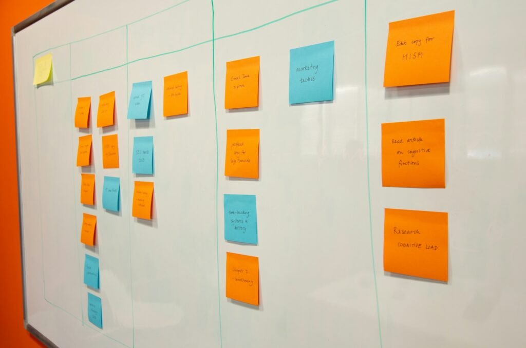 A programme plan laid out in columns on a planning board during mobilisation